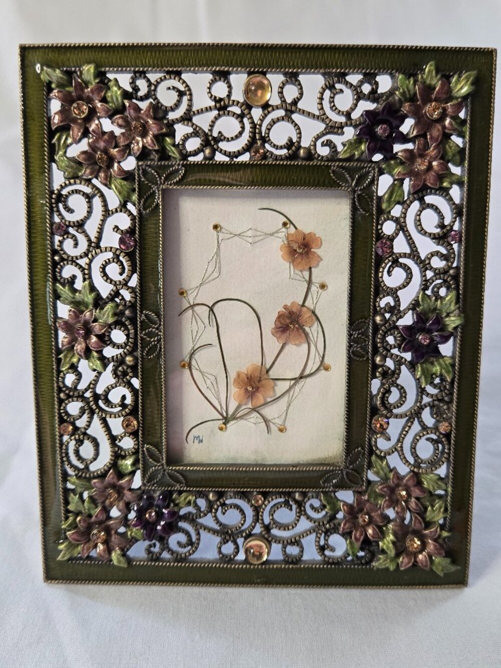 Romantic Floral Embellished Jeweled Metal Picture Frame